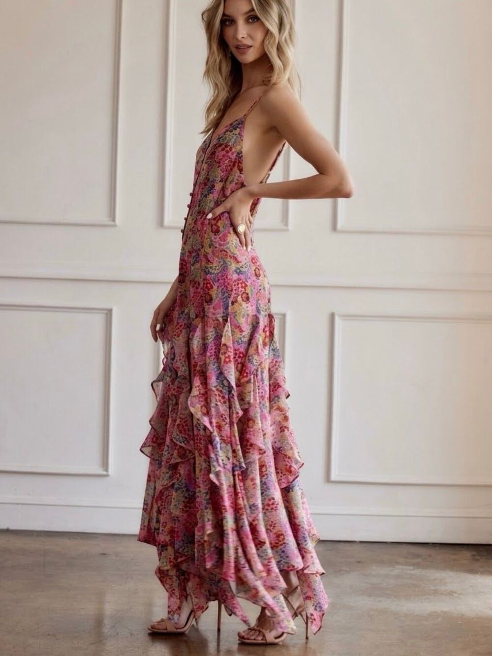 12th Tribe Y2K Fairycore Pink Floral Tiered Handkerchief Maxi Dress Small Boho - Picture 2 of 7